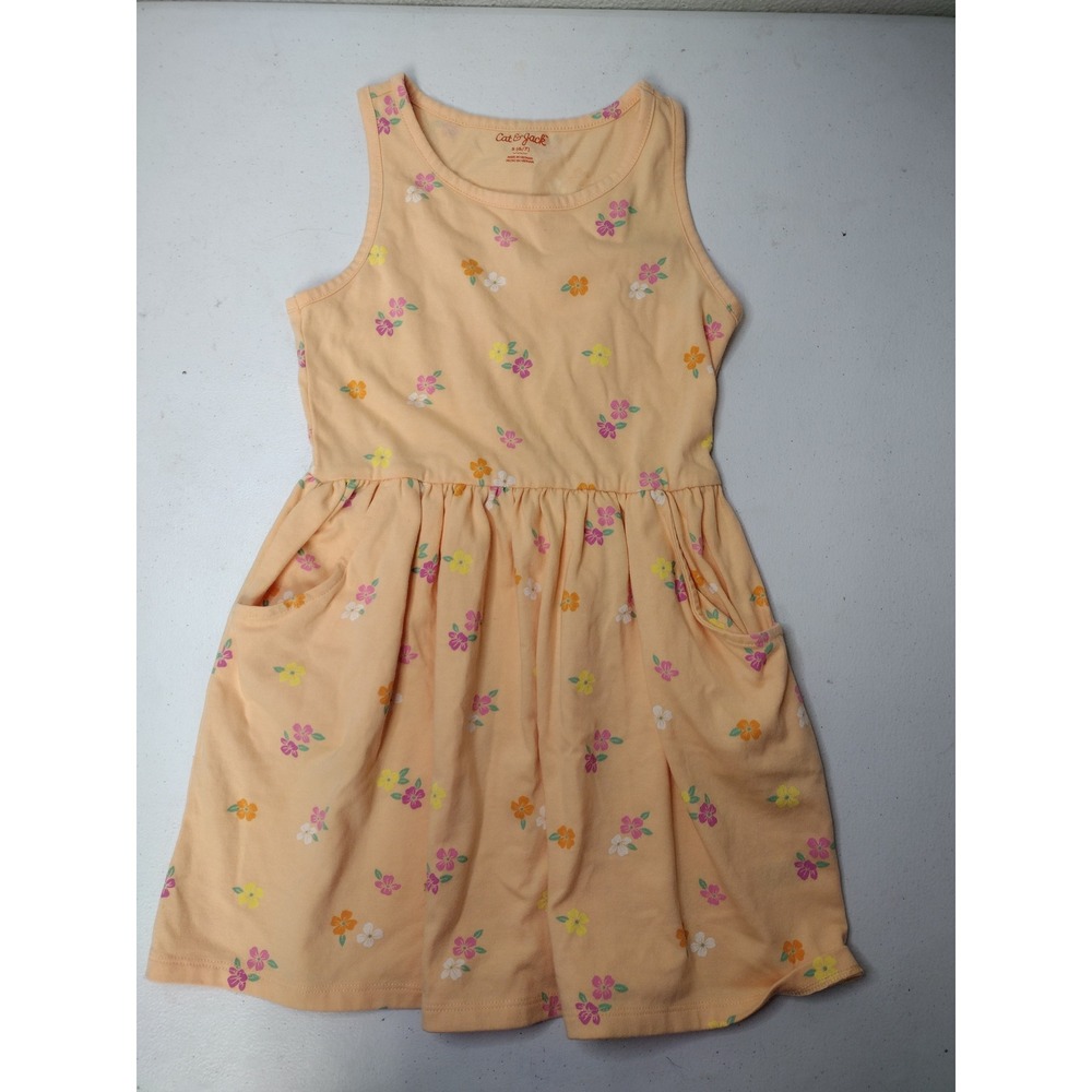 Cat & Jack Girls Peach Floral Sleeveless Pocket Dress Size S 6/7 Crew Neck